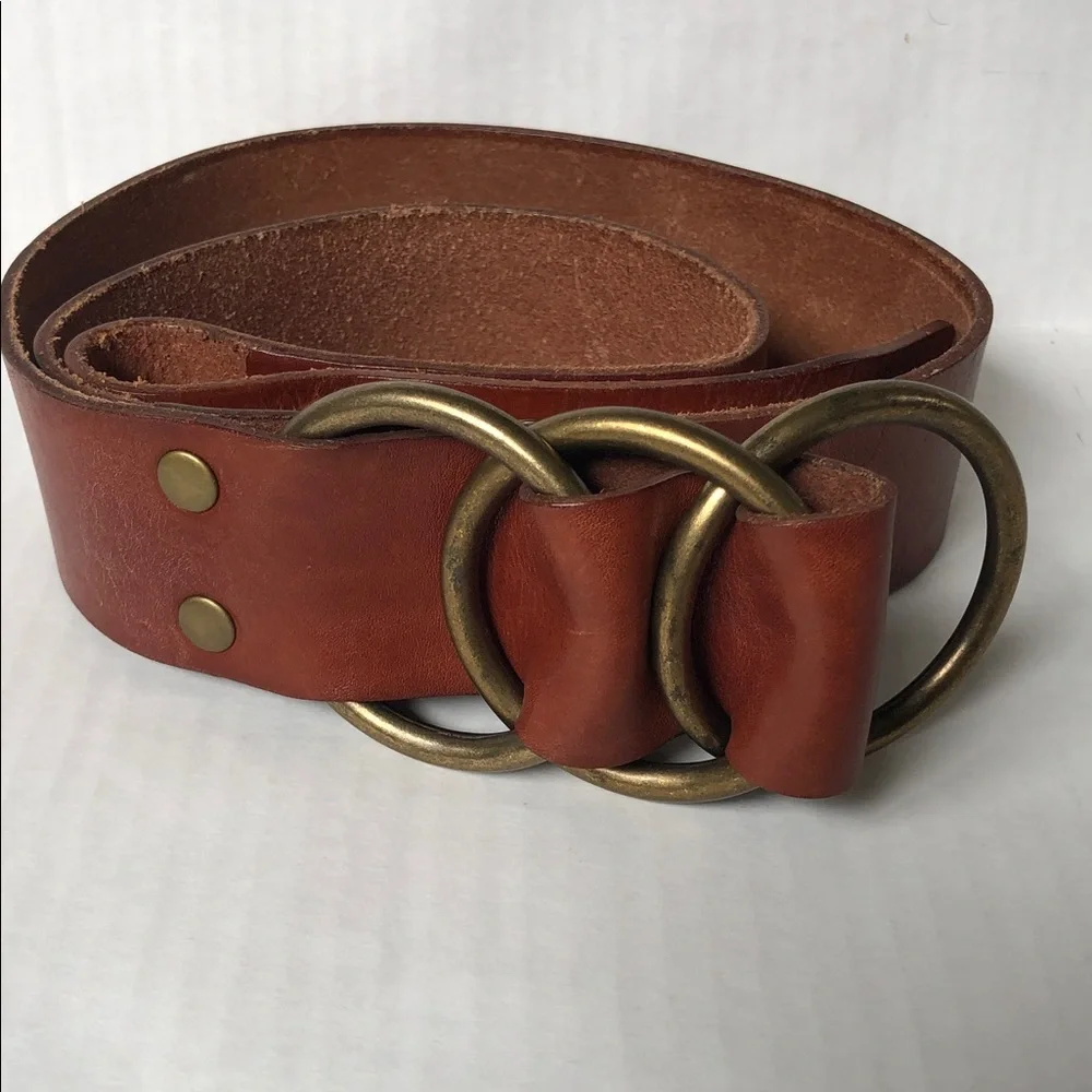 Fossil Wide Brown Leather Belt Brass Rings and Snaps 36-37